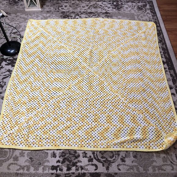 Yellow HandmadeCrochet / Knitted Afghan Throw Blanket 62”X 60"Well Done